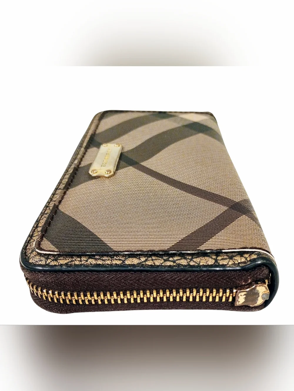 Burberry Smoke Check Stitch Small Zippy Wallet In Antique Gold - Picture 9 of 16